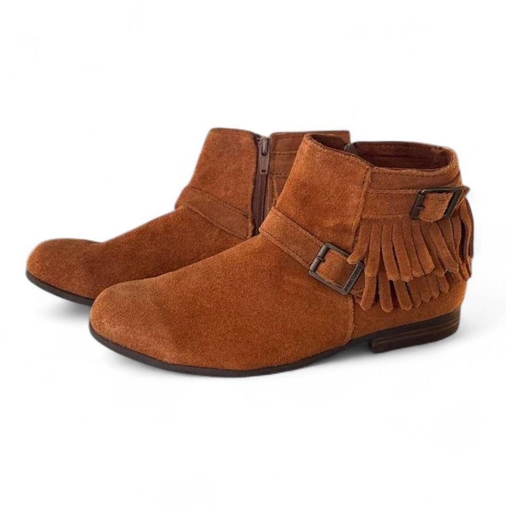 Minnetonka Rancho ankle booties brown suede w side fringe double buckle 9